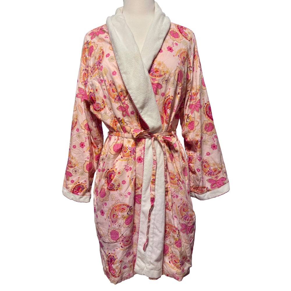 Josie by Natori Robe Women Large Pink Paisley Fleece Lined Quilted Excellent tie